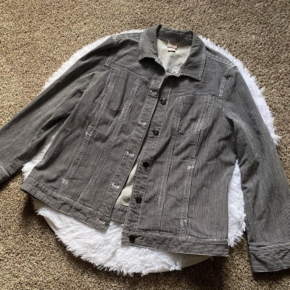 Chicos Striped Jean Jacket Button Front Black‎ White Womens Size XL
